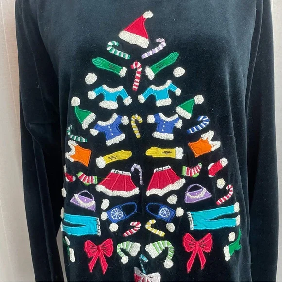 Michael Simon Lite Black Velour Christmas Tree Pullover Shirt Large Embroidered - Picture 4 of 7